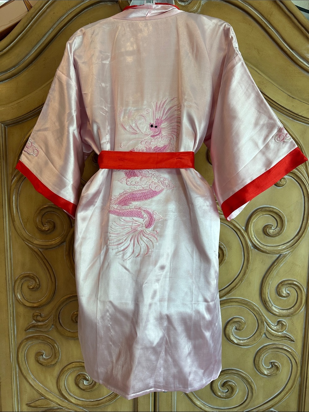 Satin Reversible Pink Kimono Robe with Red Trim and embroidered designs - Picture 8 of 13